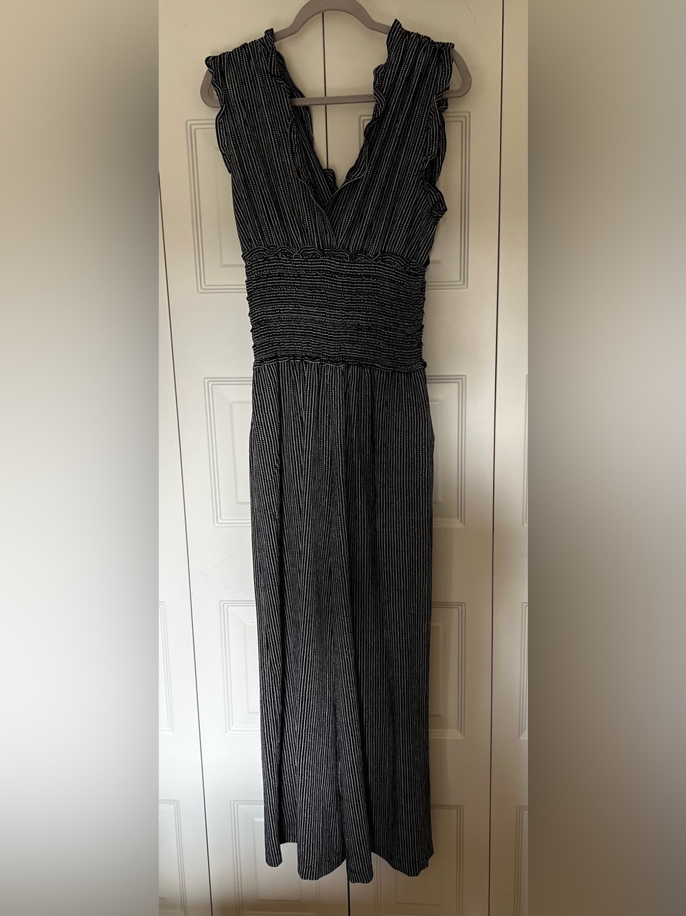 Max Studio Black & White Striped Smocked Wide-legged Maxi Jumpsuit